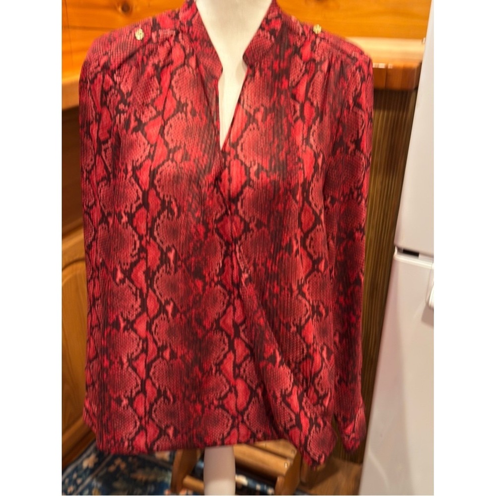 Michael Kors Red Snakeskin Print Blouse XL Gold Logo Button Shoulder Epaulettes